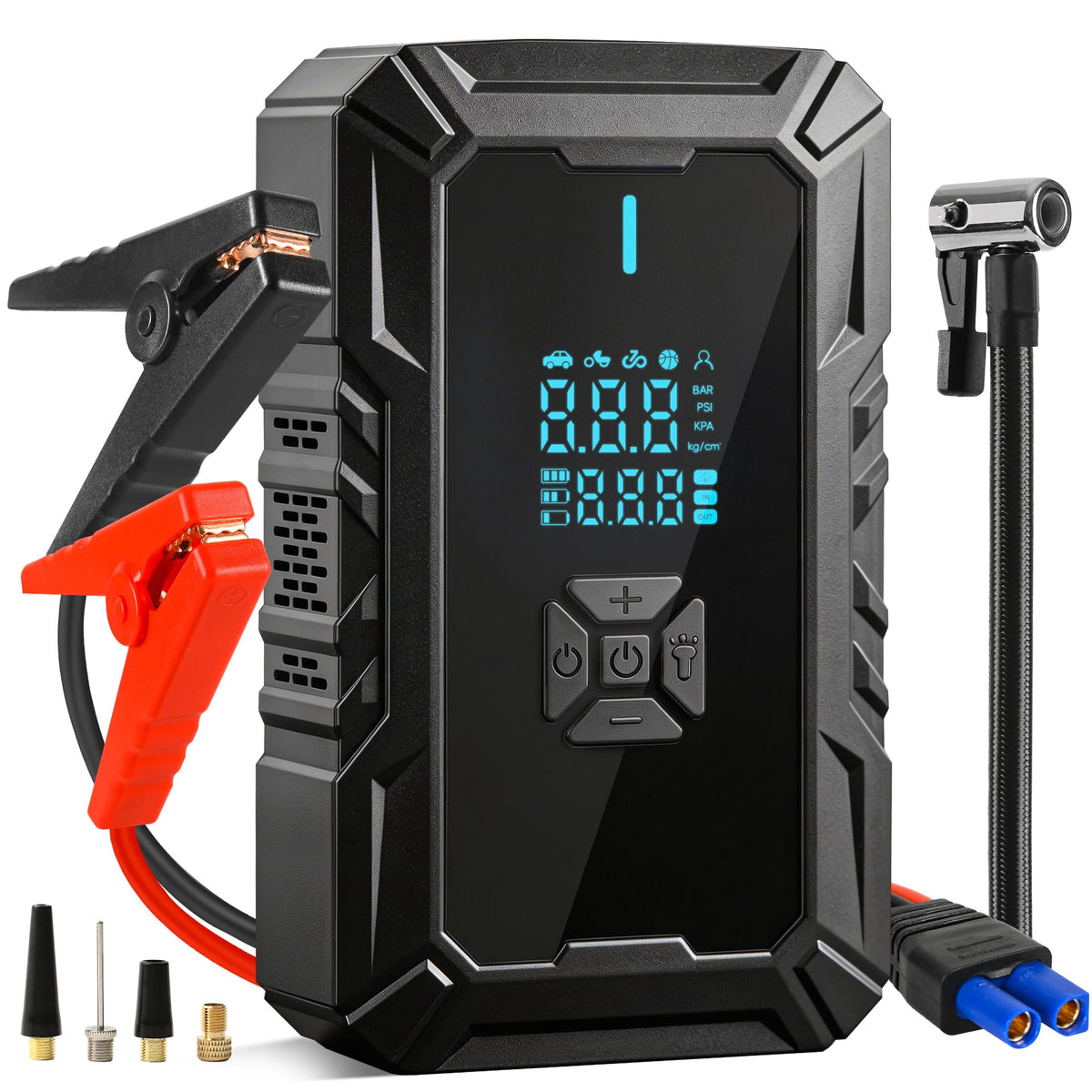 BRIGHTSHOW front view of jump starter showing compact design and portability