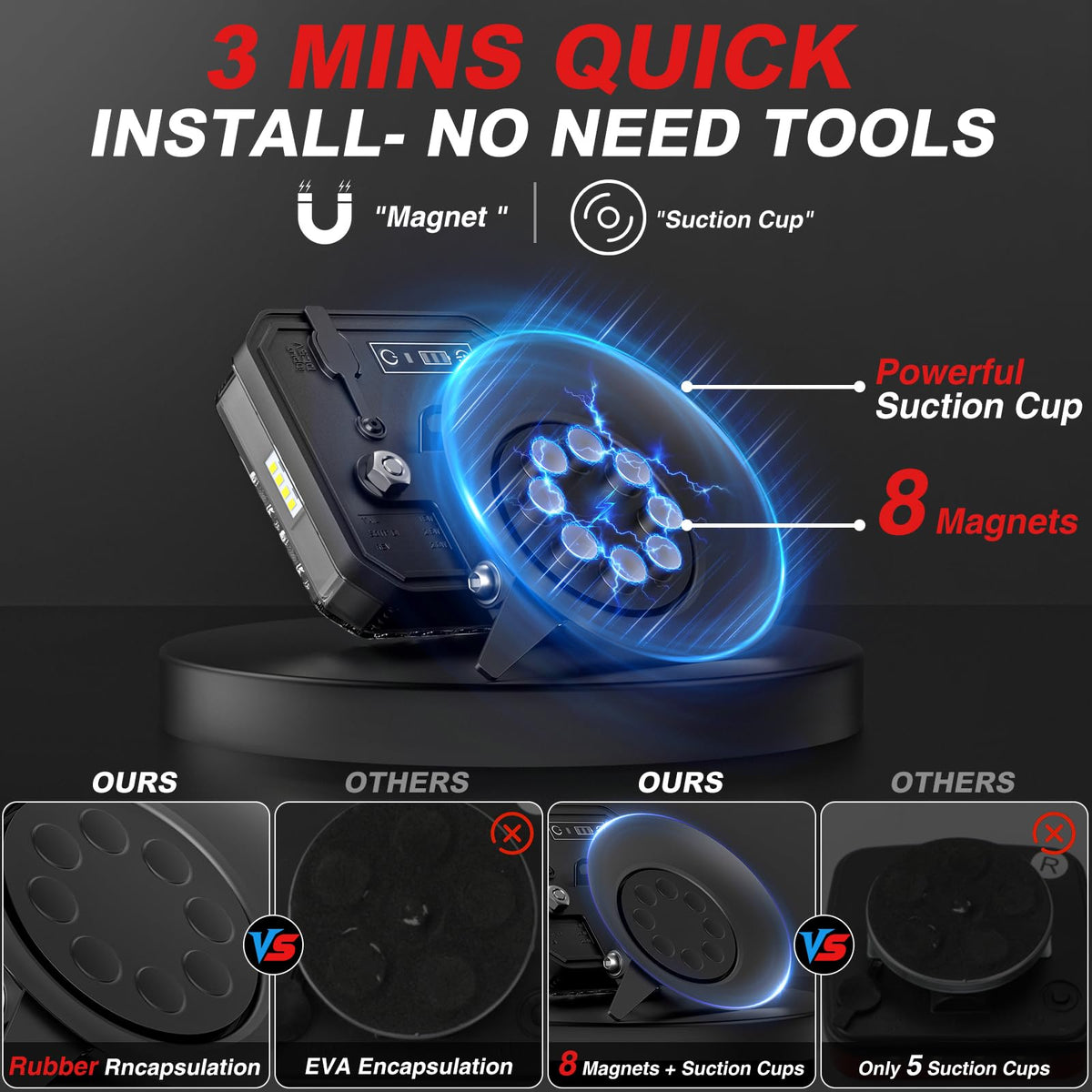 BRIGHTWORLD magnets, suction cups and iron plate showing fast tool-free mounting benefit