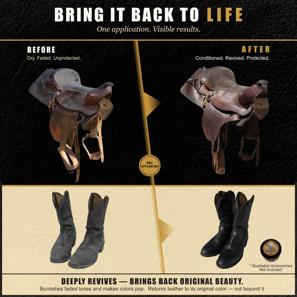 Brimshiner being rubbed into a leather saddle showing restored suppleness benefit