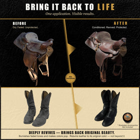 Brimshiner being rubbed into a leather saddle showing restored suppleness benefit