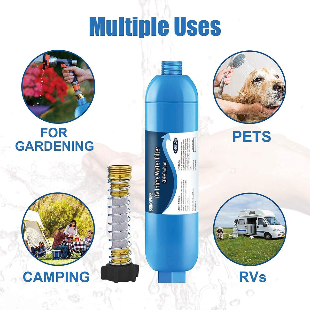 Bringpure inline filter attached to RV spigot delivering cleaner tasting water on the go