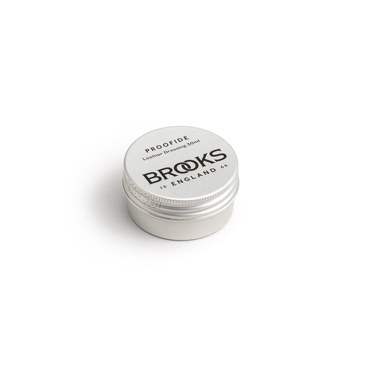Brooks England Proofide 30ml tin front view showing compact leather care cream