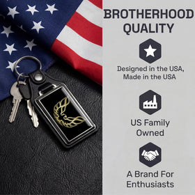 Brotherhood back label and chrome frame emphasizing quality finish and protection