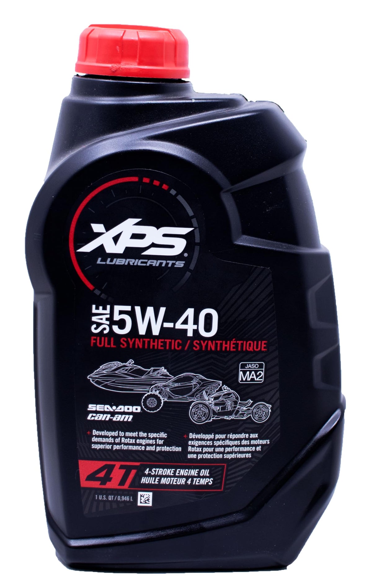 BRP XPS 5W-40 bottle close-up highlighting synthetic oil for engine protection