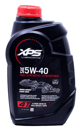 BRP XPS 5W-40 bottle close-up highlighting synthetic oil for engine protection