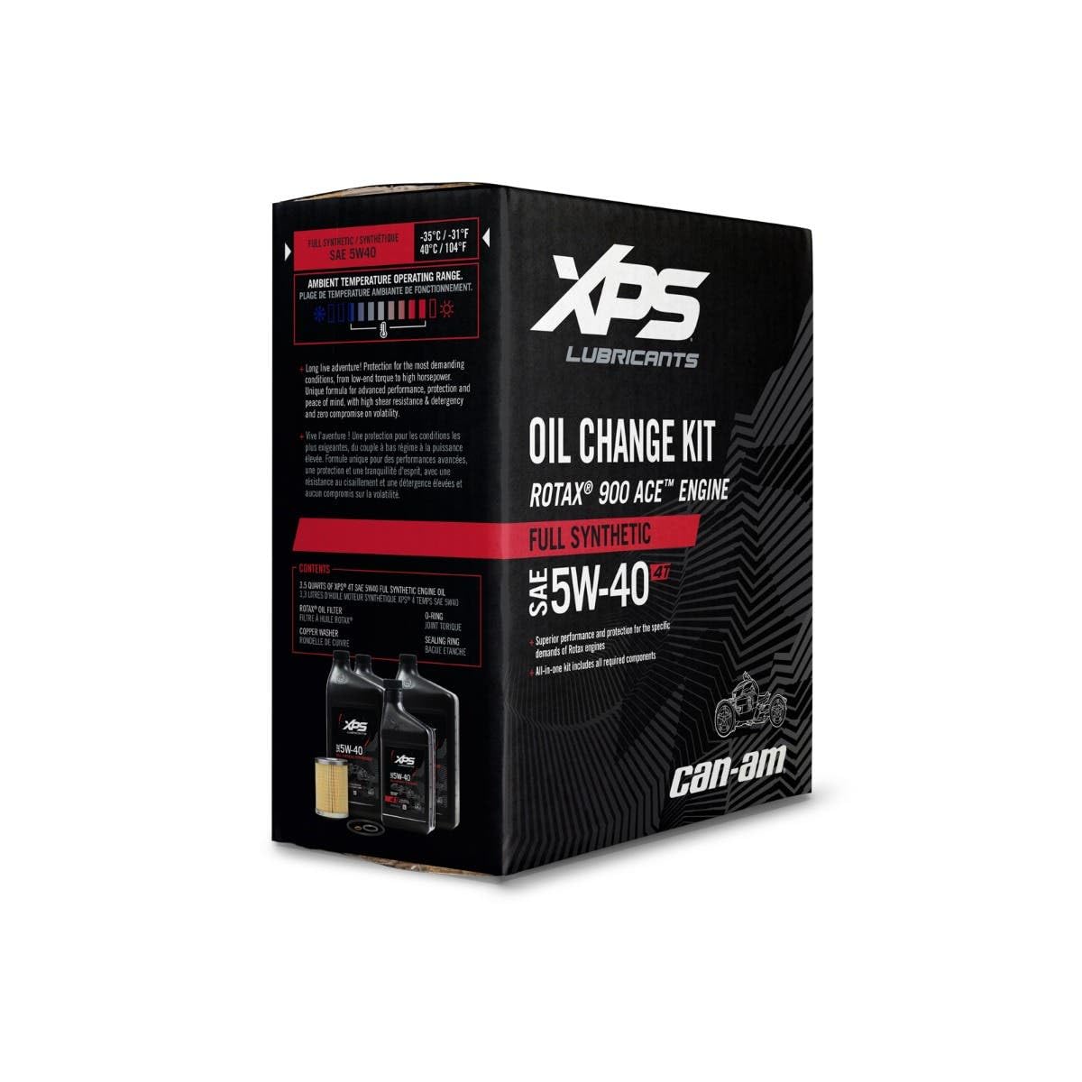 BRP XPS 4T 5W‑40 oil bottle closeup highlighting label and temperature protection