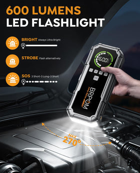BRPOM 600-lumen LED light in use showing bright illumination and SOS mode for emergency visibility