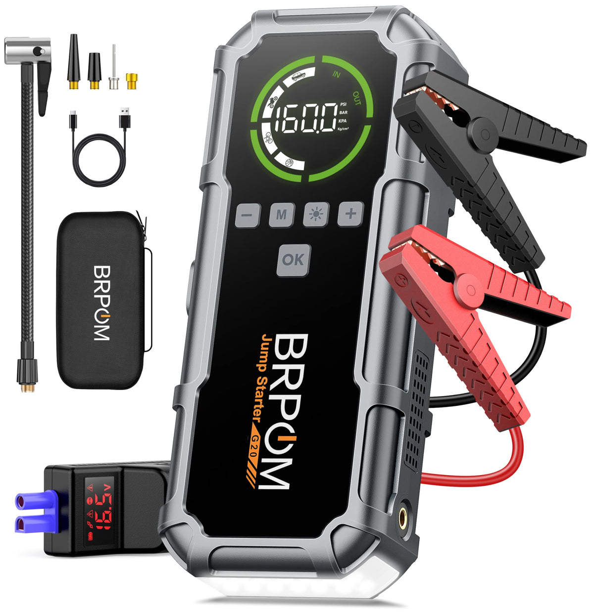 BRPOM front view showing jump starter with clamps and rugged housing for reliable roadside power