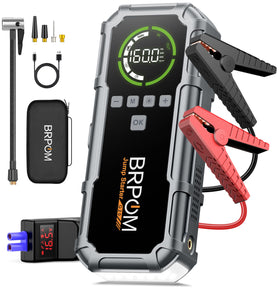 BRPOM front view showing jump starter with clamps and rugged housing for reliable roadside power