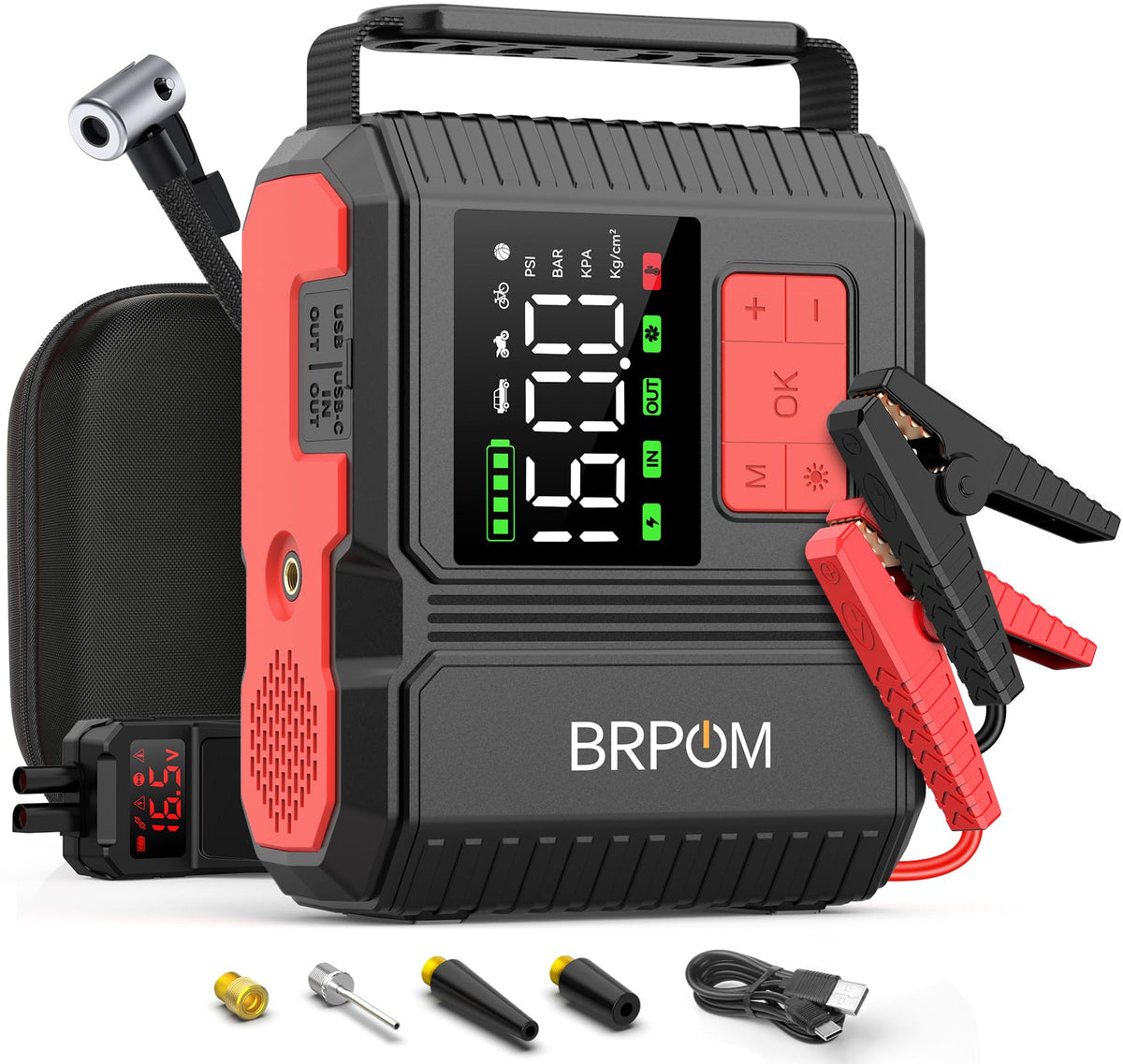 BRPOM front view of jump starter showing controls and LCD for quick roadside aid