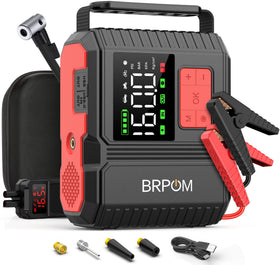 BRPOM front view of jump starter showing controls and LCD for quick roadside aid
