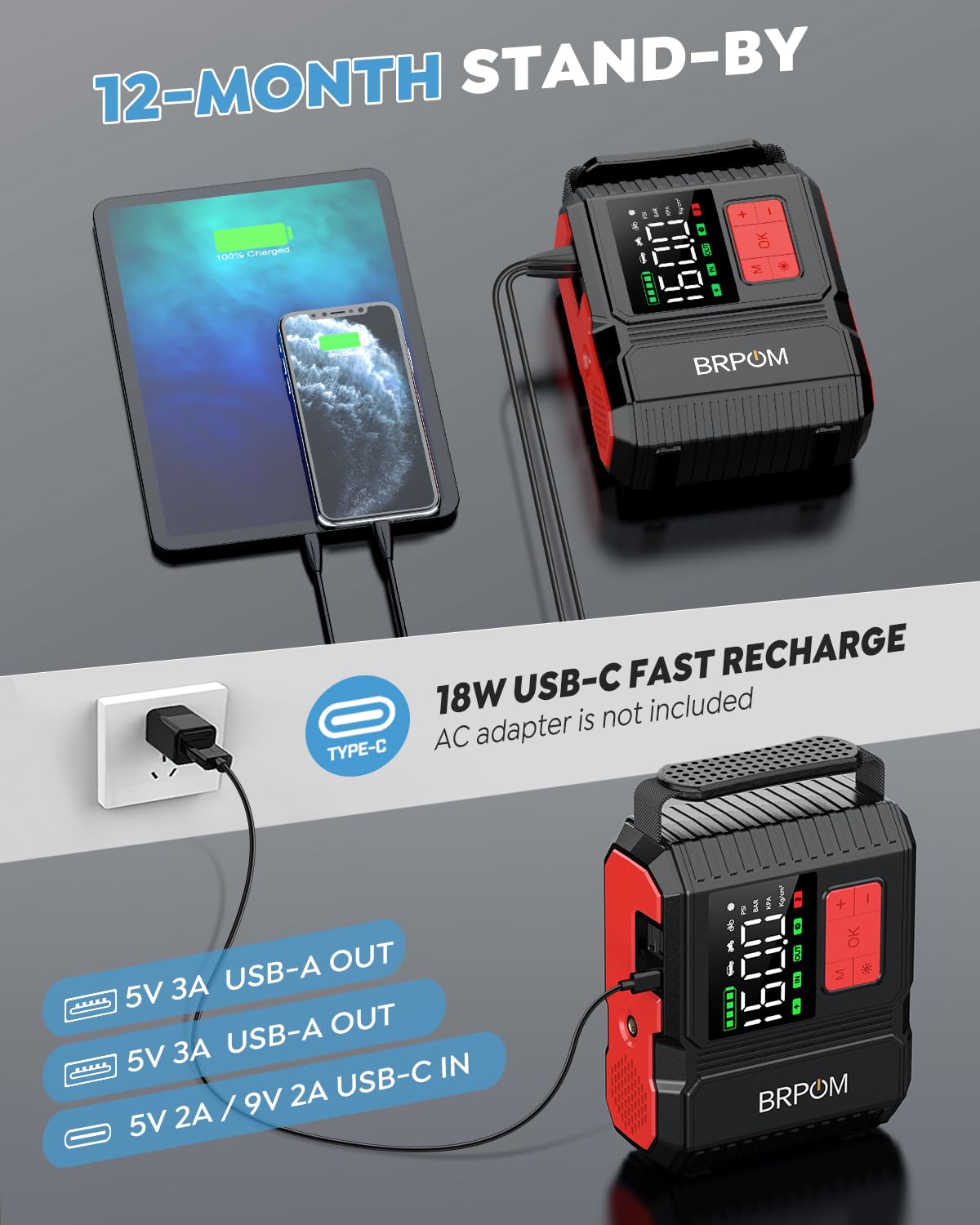 BRPOM jump starter attached to car battery demonstrating quick engine starts