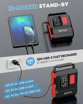 BRPOM jump starter attached to car battery demonstrating quick engine starts