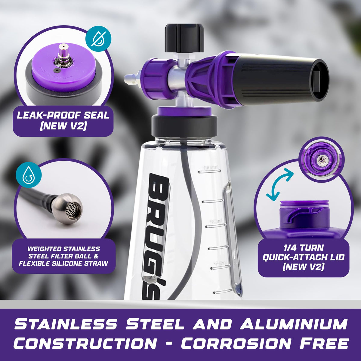 Brug's wide neck bottle close-up for easy filling and fewer spills during soap prep