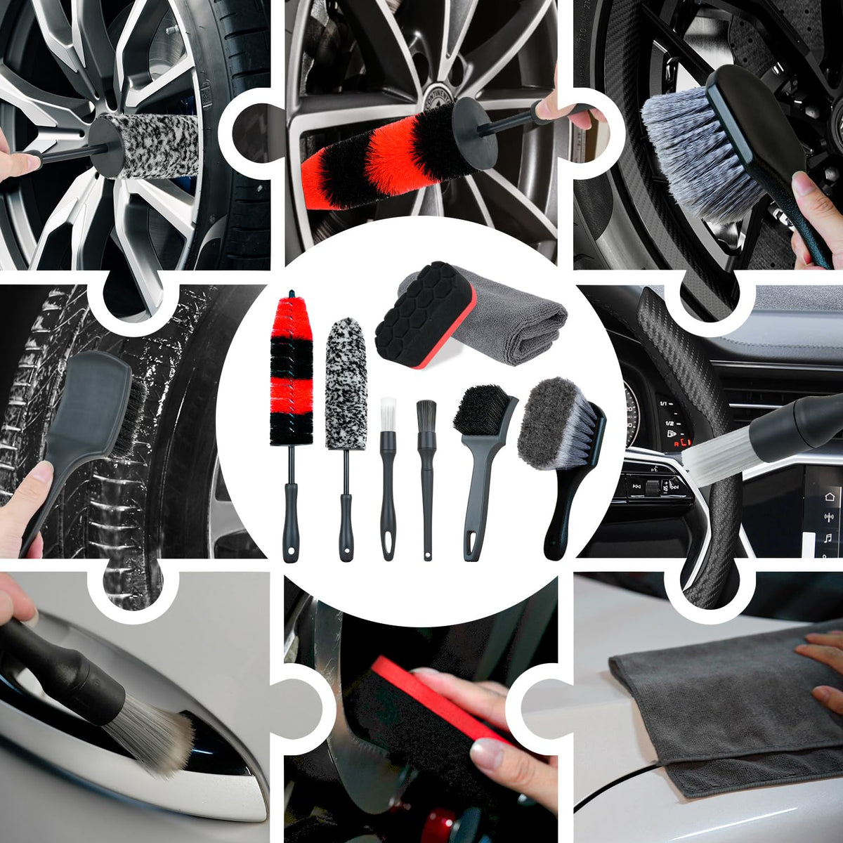 BRUSH FAMILY kit in use on a car wheel demonstrating fast, scratch-free cleaning