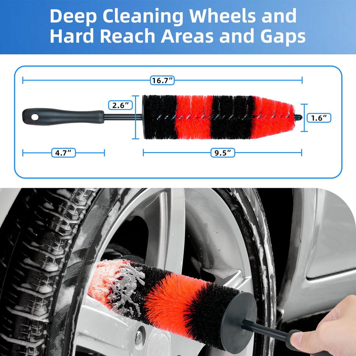 BRUSH FAMILY long rim brush inside wheel spoke reaching deep areas safely