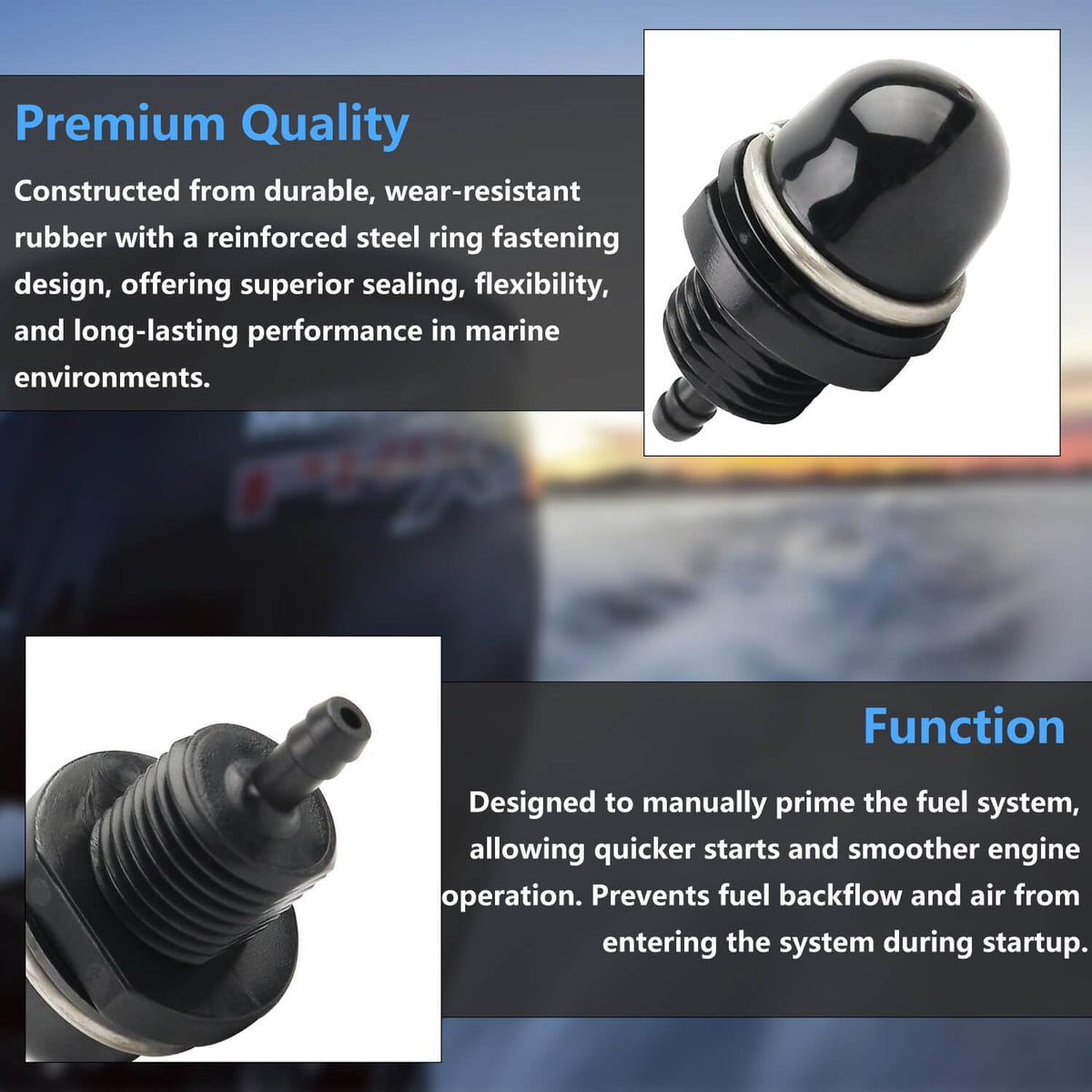 BSNOVT installed on a Mercury outboard fuel line demonstrating restored priming function
