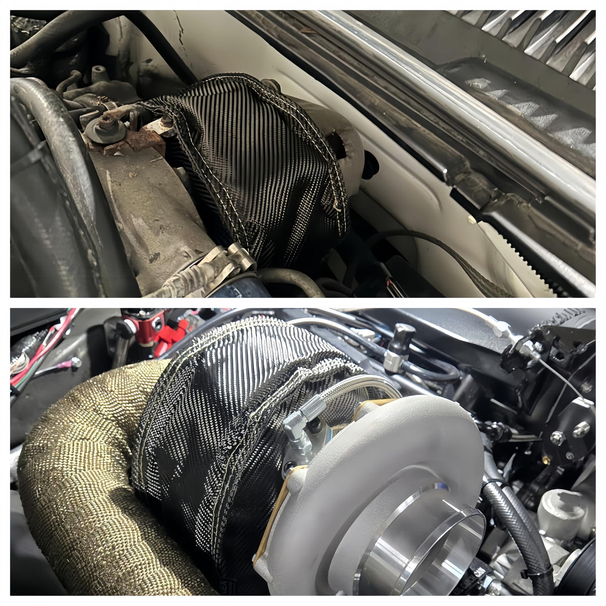 BSTFLEX blanket wrapped on turbo in engine bay, protects nearby components