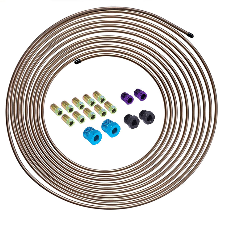BSTIQUEUS front view of 25ft copper-nickel brake line kit showing contents and benefit