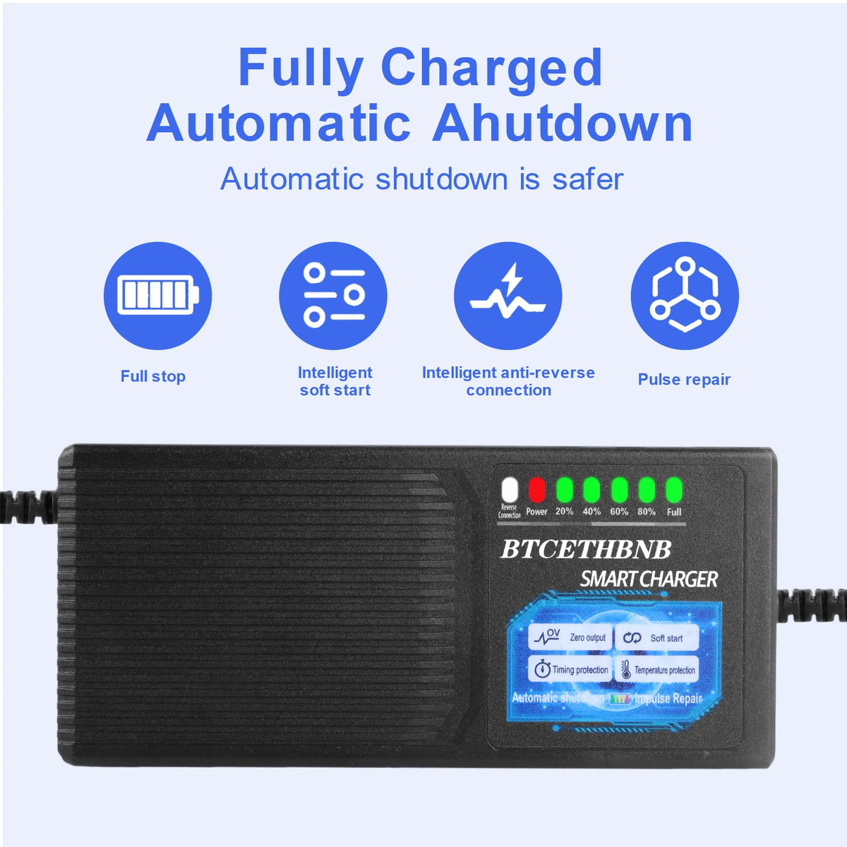 BTCETHBNB charger attached to a 60V battery pack showing safe charging in use