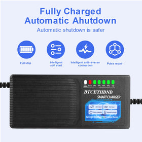 BTCETHBNB charger attached to a 60V battery pack showing safe charging in use