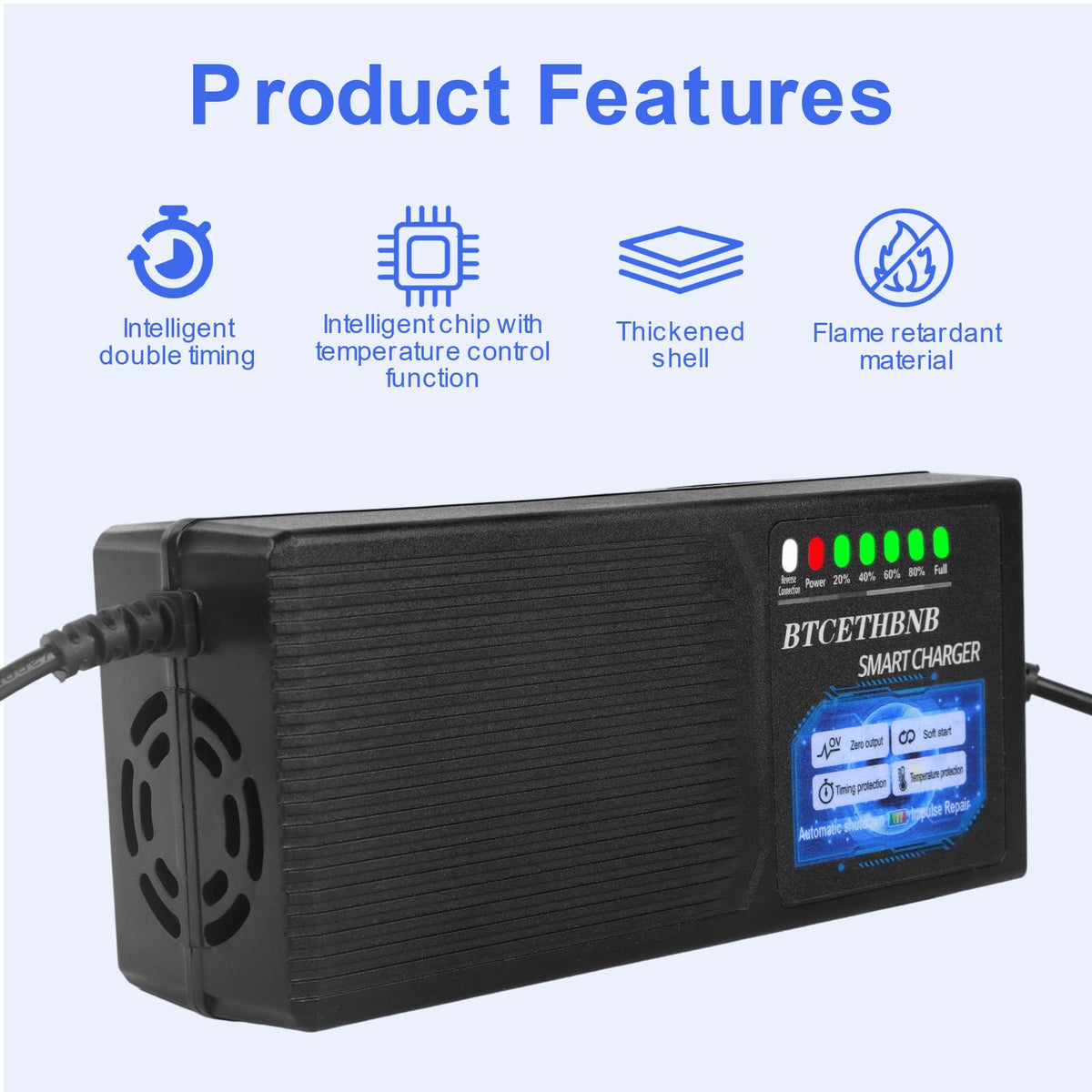 BTCETHBNB charger label and vents highlighting thermal protection and safety