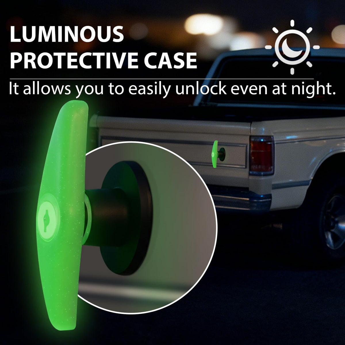 BTEOBFY close-up of night glow T-handle highlighting easy nighttime location benefit