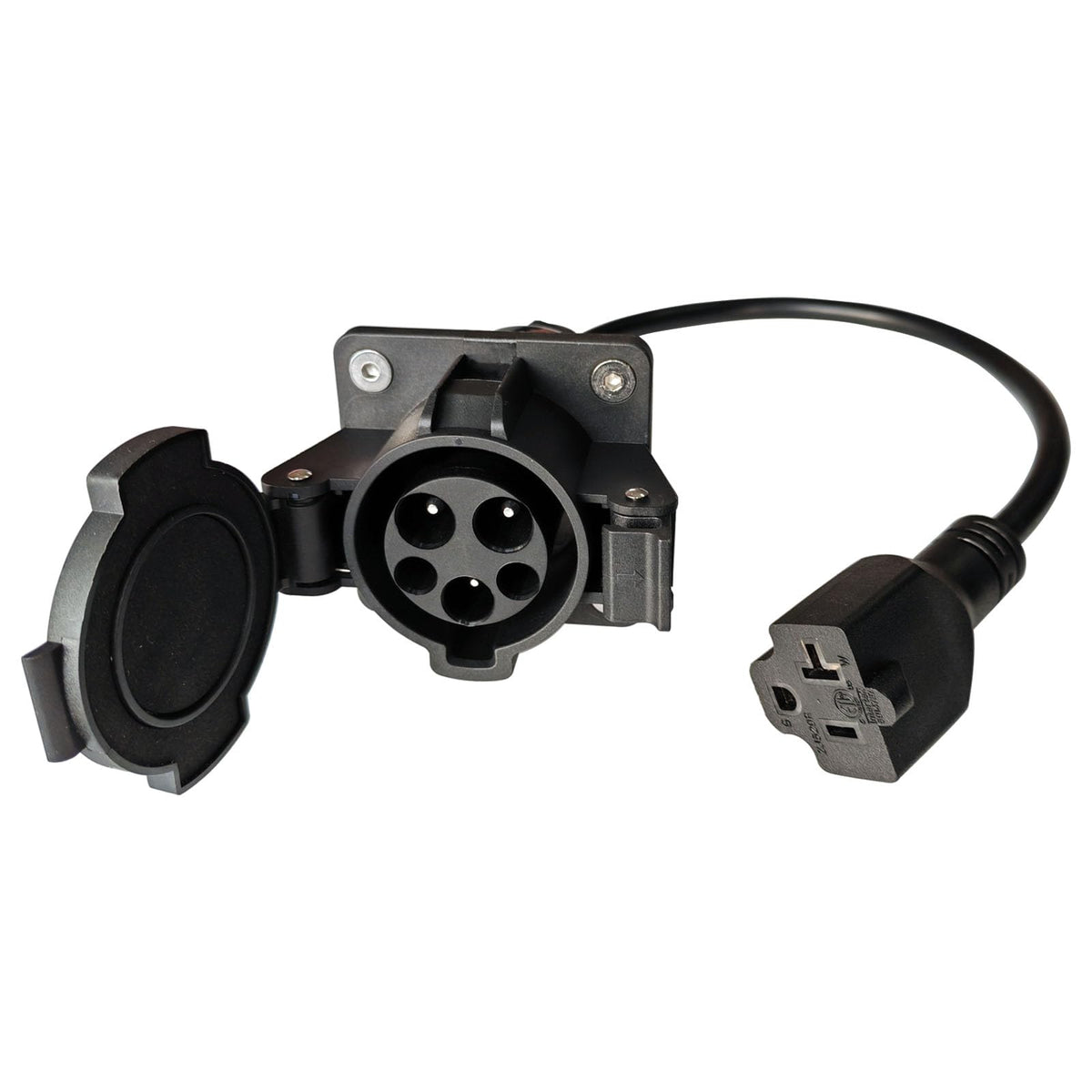 BTUYDTUY adapter front view showing J1772 and NEMA ends for portable charging