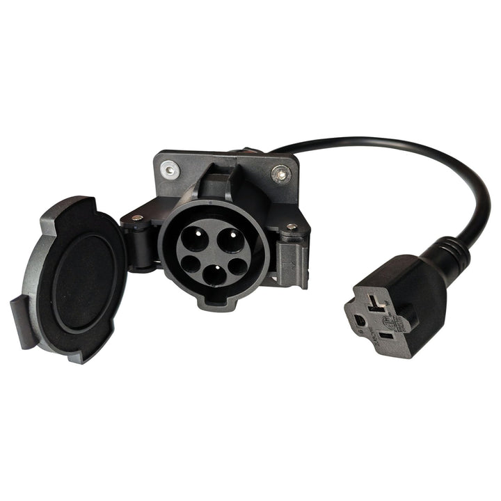 BTUYDTUY adapter front view showing J1772 and NEMA ends for portable charging