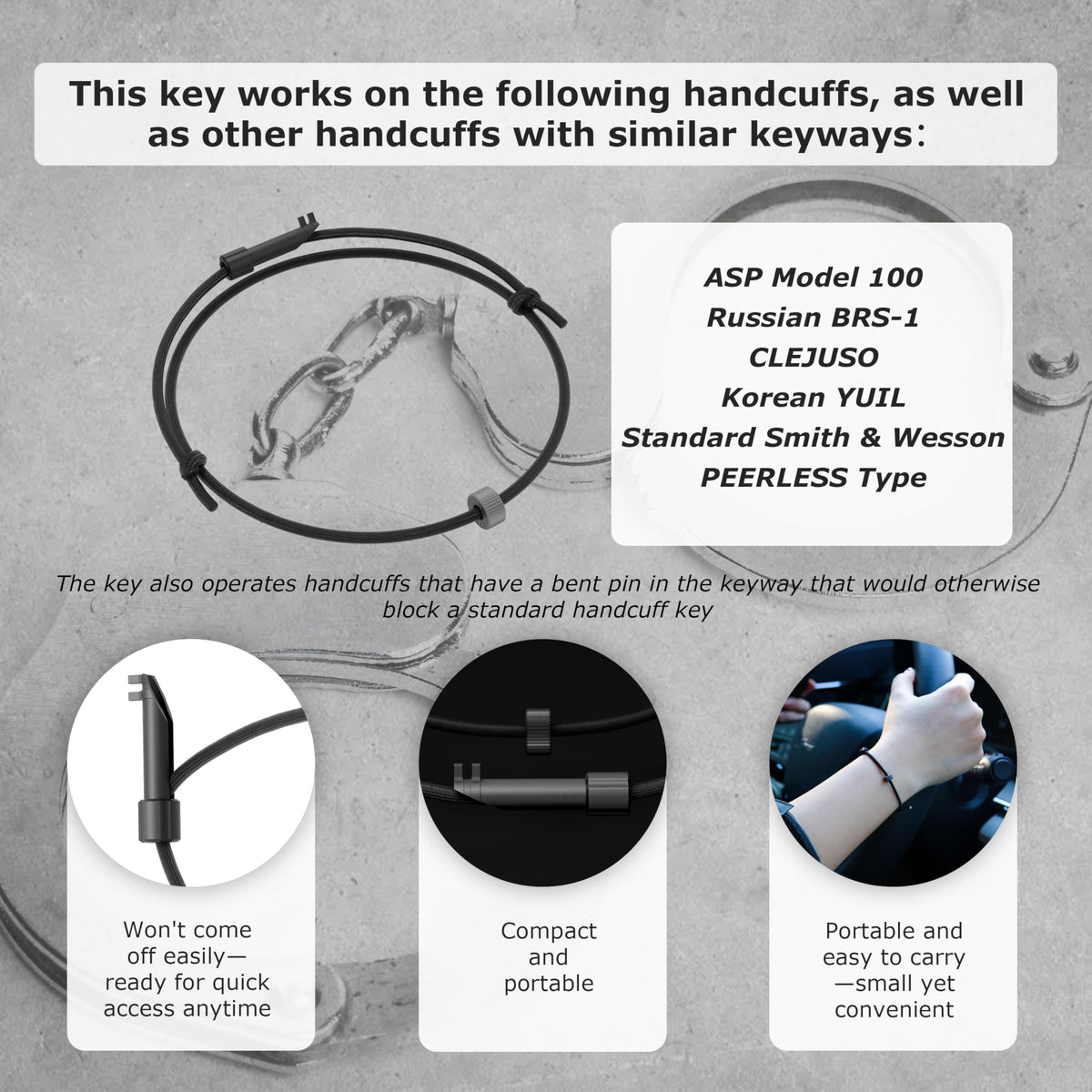Bucexo handcuff key detail showing AHK3 for emergency restraint release