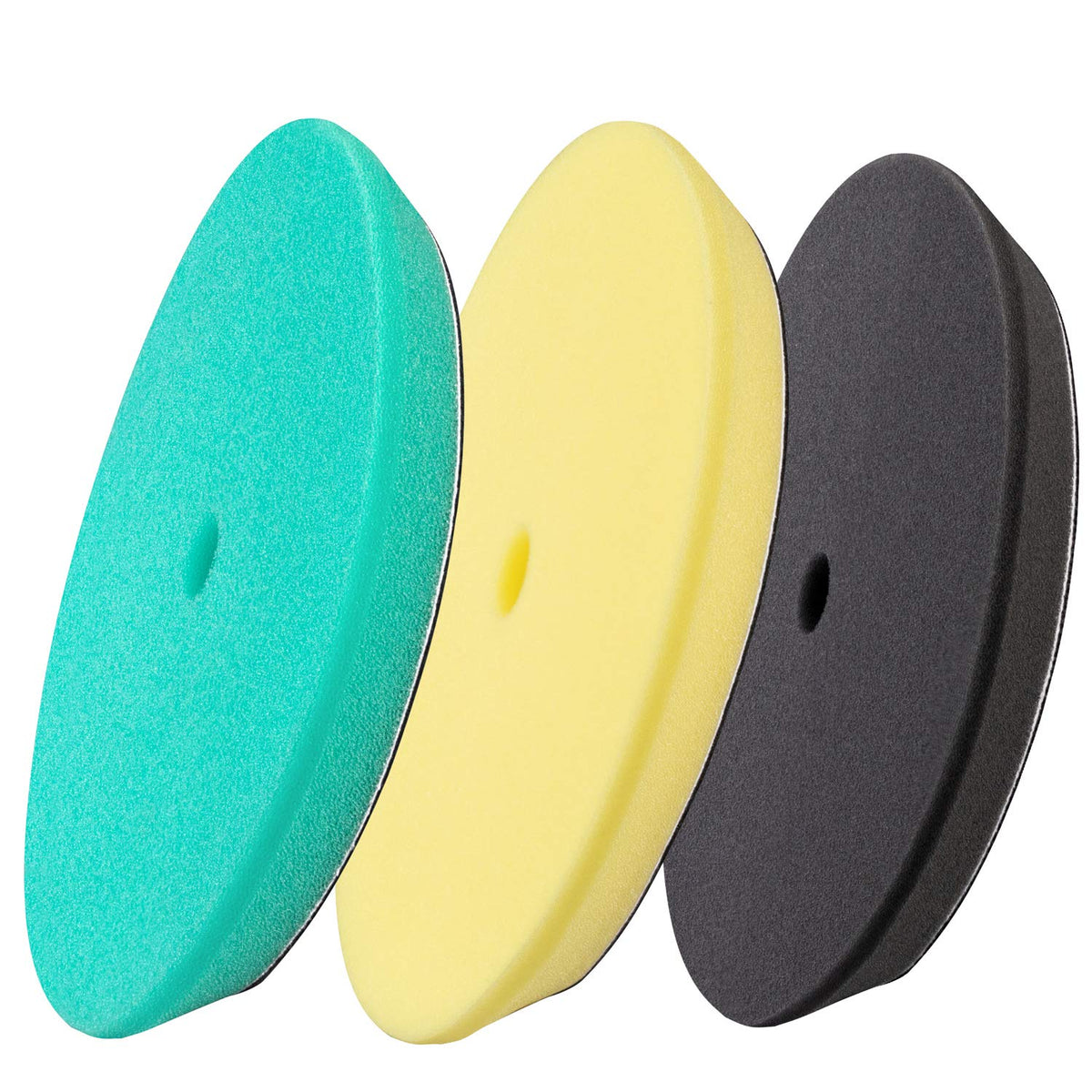 BUFFING HERO front packaging showing three 5-inch pads and hook-and-loop backing benefit