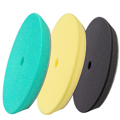 BUFFING HERO front packaging showing three 5-inch pads and hook-and-loop backing benefit