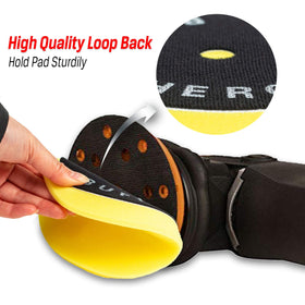 BUFFING HERO pad attached to orbital sander demonstrating consistent polishing coverage