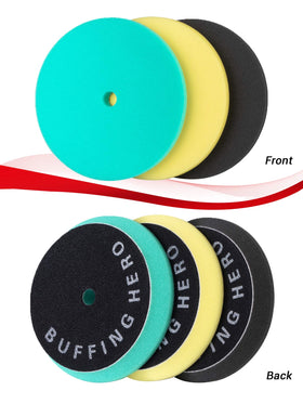BUFFING HERO pad beside a hand for size comparison and easy handling benefit