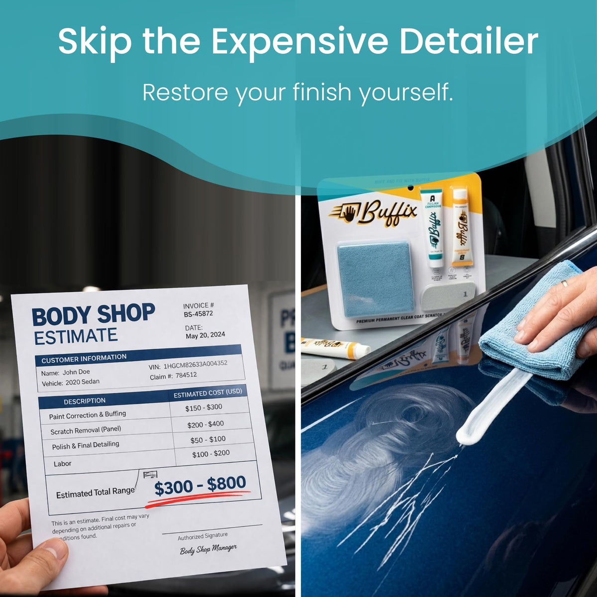 Buffix in-use hand buffing on car panel for fast spot restoration