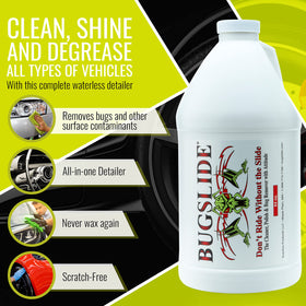 BugSlide being sprayed onto car hood to loosen bugs and road residue quickly