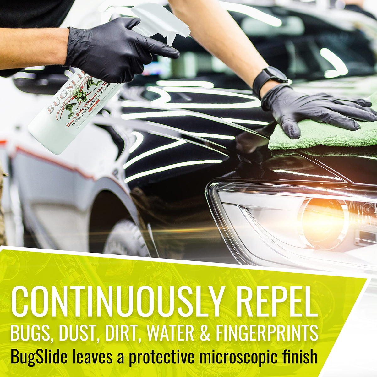 BugSlide being sprayed on a red car panel to remove road grime fast