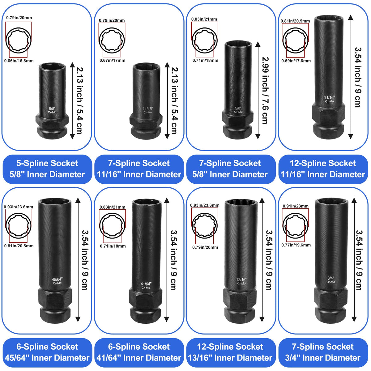 Builimeer sockets lined up showing size range and quick selection
