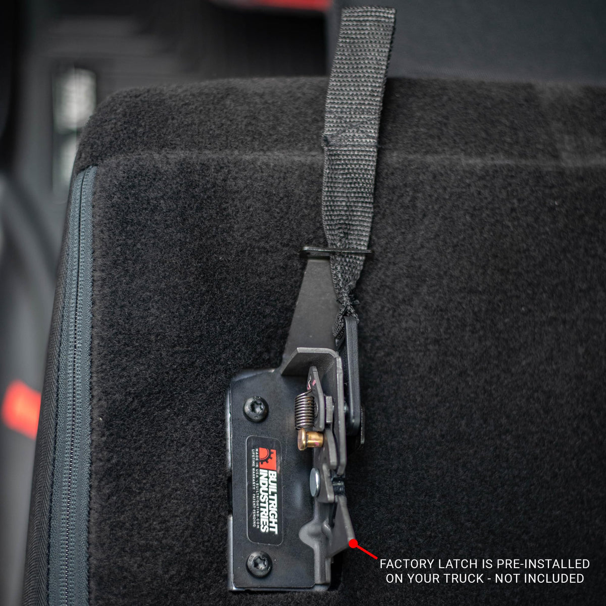 BuiltRight in truck lifestyle scene demonstrating fast behind-seat storage access
