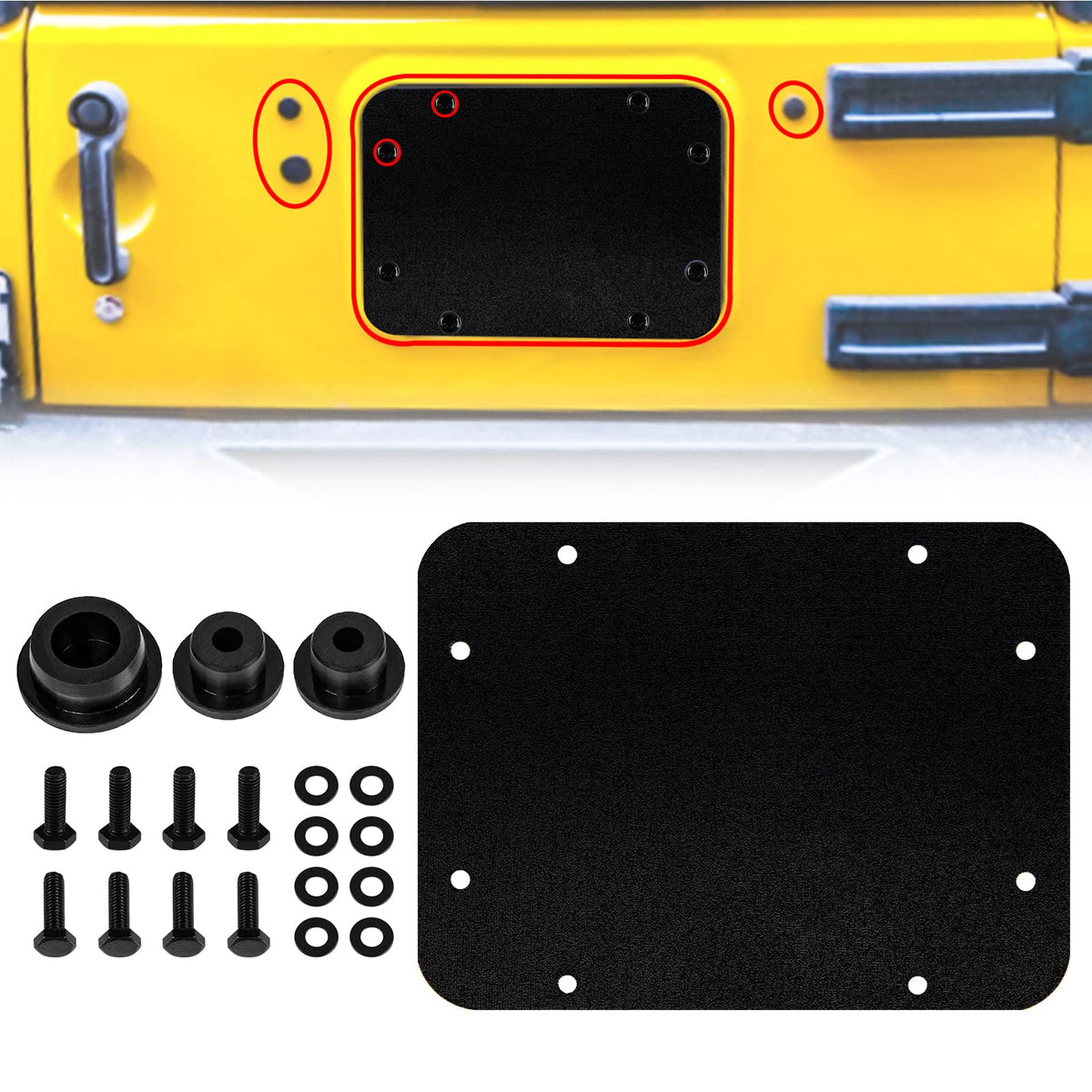 Buling front plate installed on Jeep tailgate protecting openings