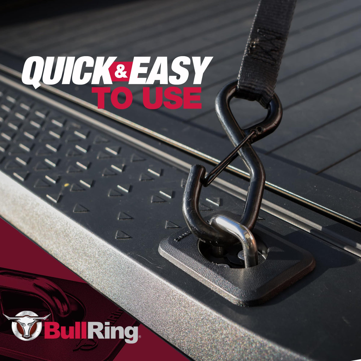 Bull Ring anchor on a truck hauling camping gear showing practical use and reliable load control