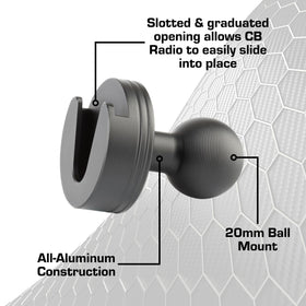 Bulletpoint close-up of integrated 20mm ball for easy-arm attachment benefit