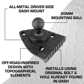 Bulletpoint dash mount beside screw showing scale and easy install benefit