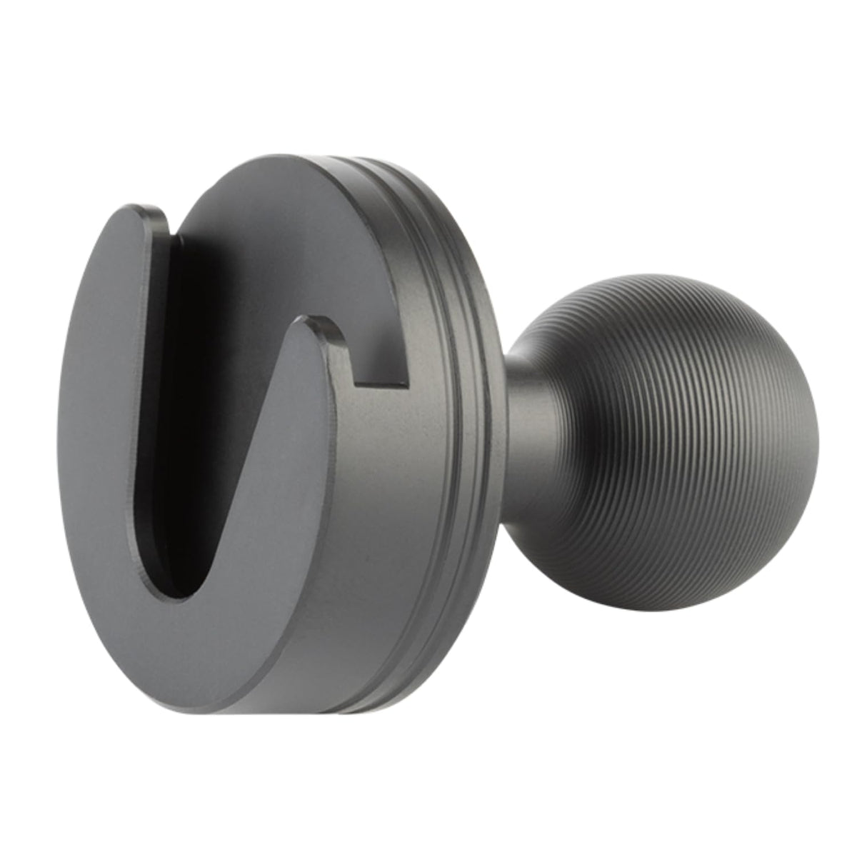Bulletpoint front view of aluminum mic holder showing secure clip fit benefit