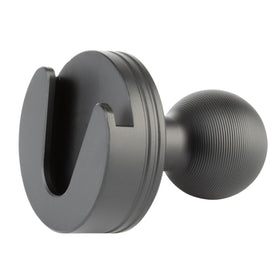 Bulletpoint front view of aluminum mic holder showing secure clip fit benefit