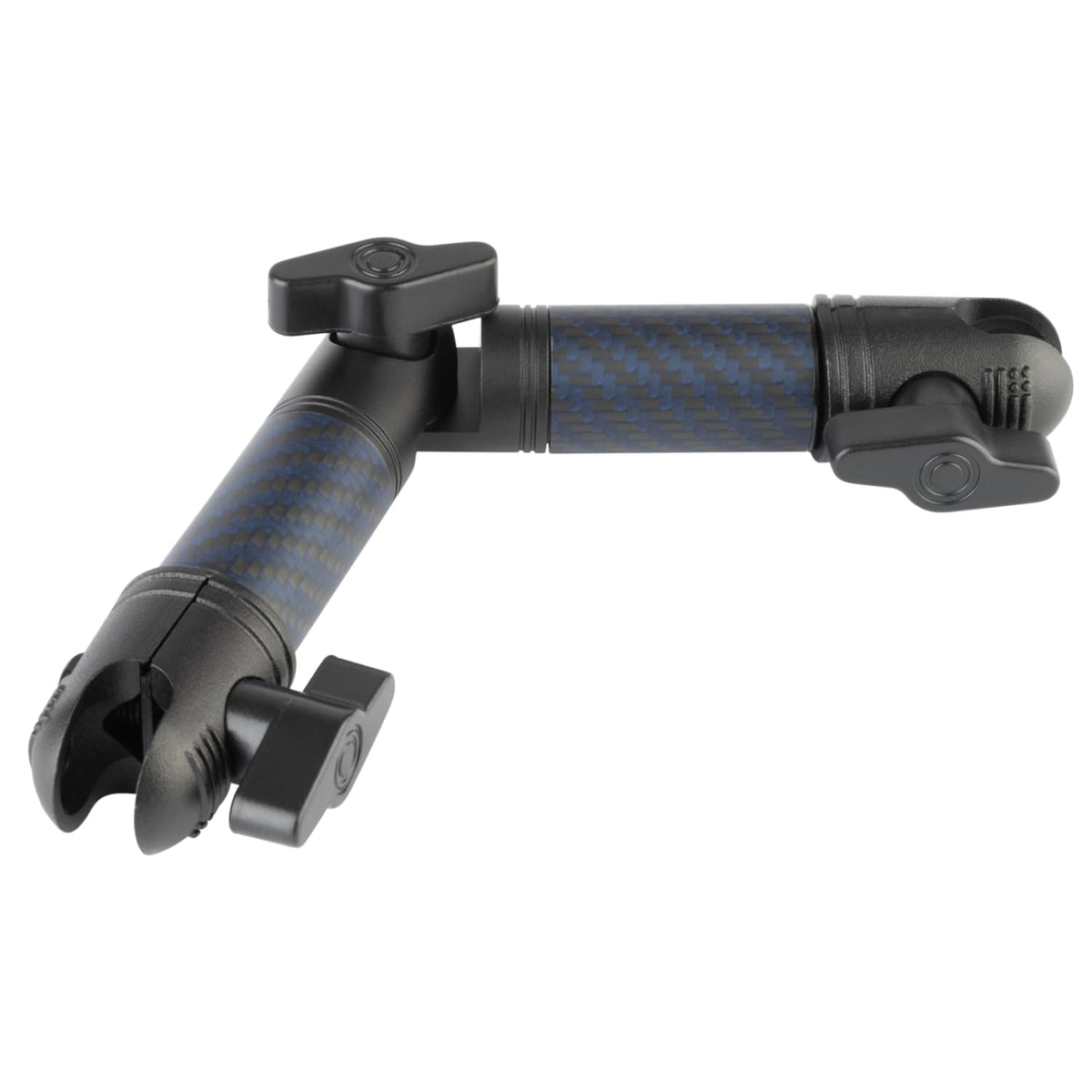 Bulletpoint front view of locking arm shows compact durable mount benefit