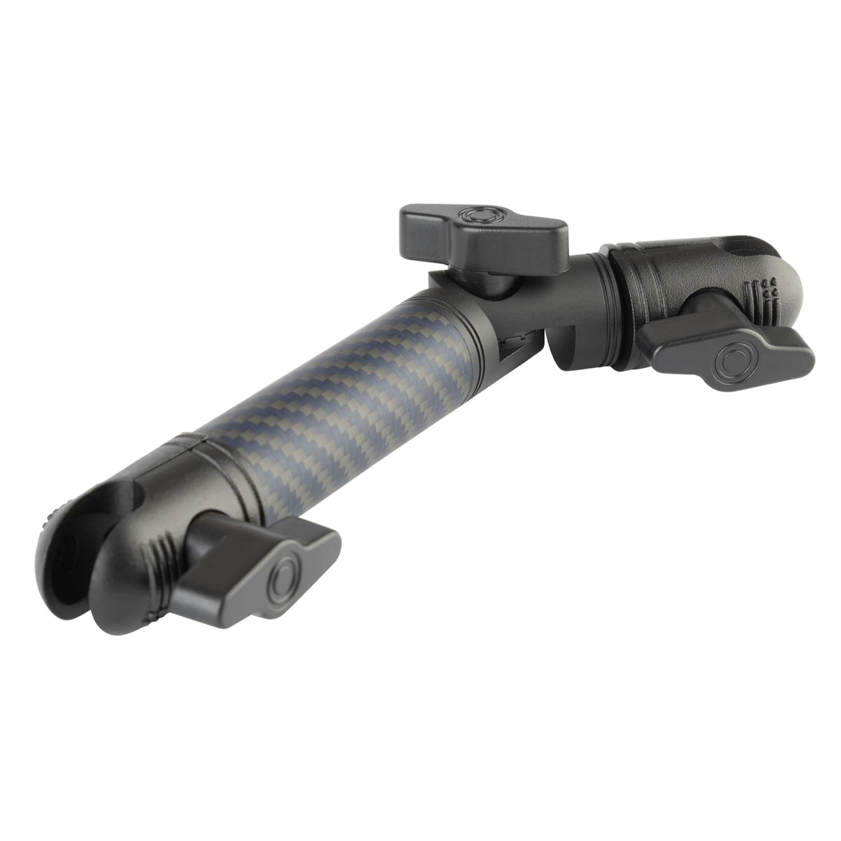 Bulletpoint front view of mounting arm showing compact locked position and stability