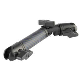Bulletpoint front view of mounting arm showing compact locked position and stability