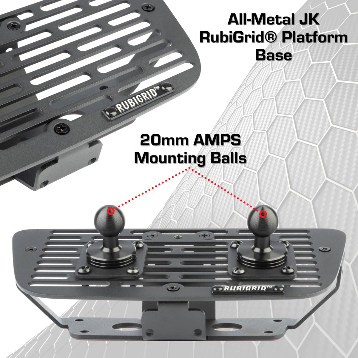 Bulletpoint RubiGrid 20mm ball mount detail showing secure connection benefit