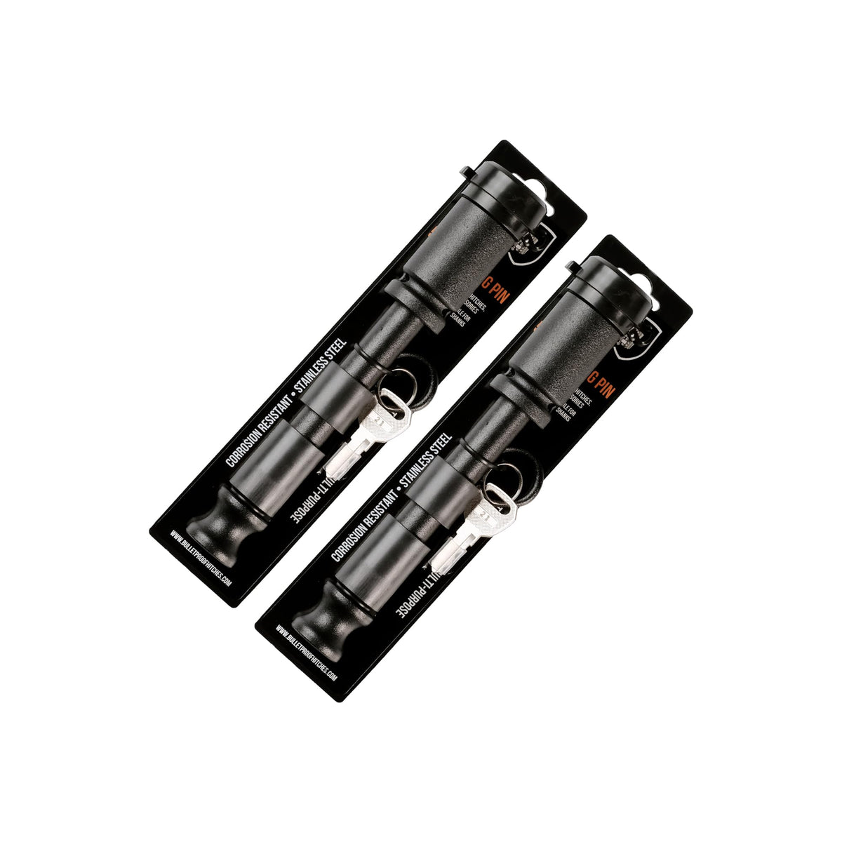 BulletProof Hitches front view of Black Ops locking pins showing durable finish and keys for secure protection